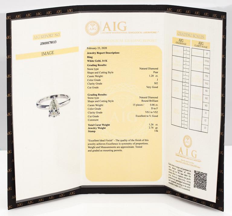 Ring, 14K vitguld och droppformad diamant ca 1.20 ct. AIG-certifikat.
