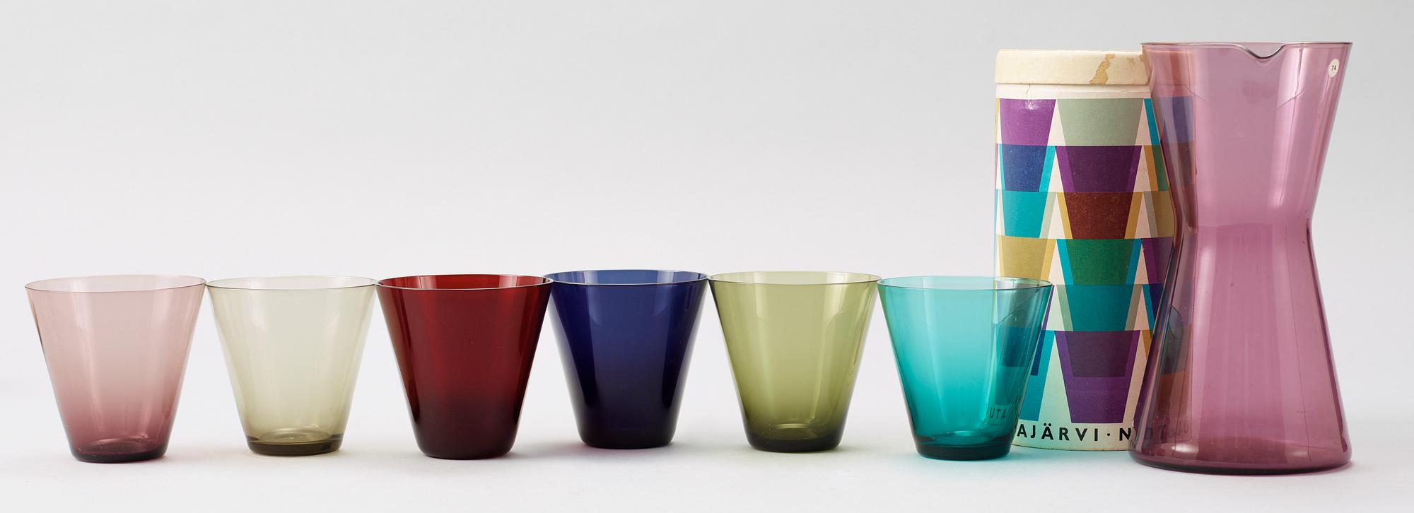 COCKTAILSHAKER / KARAFF samt GLAS, bla modell "1610", glas, 7 delar, Kaj Franck, Nuutajärvi, 1950-tal.