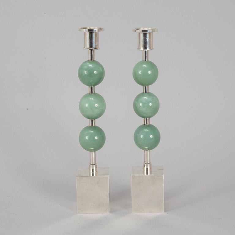 SIGURD PERSSON, a pair of silver plate and aventurine candlesticks from Svenskt tenn.