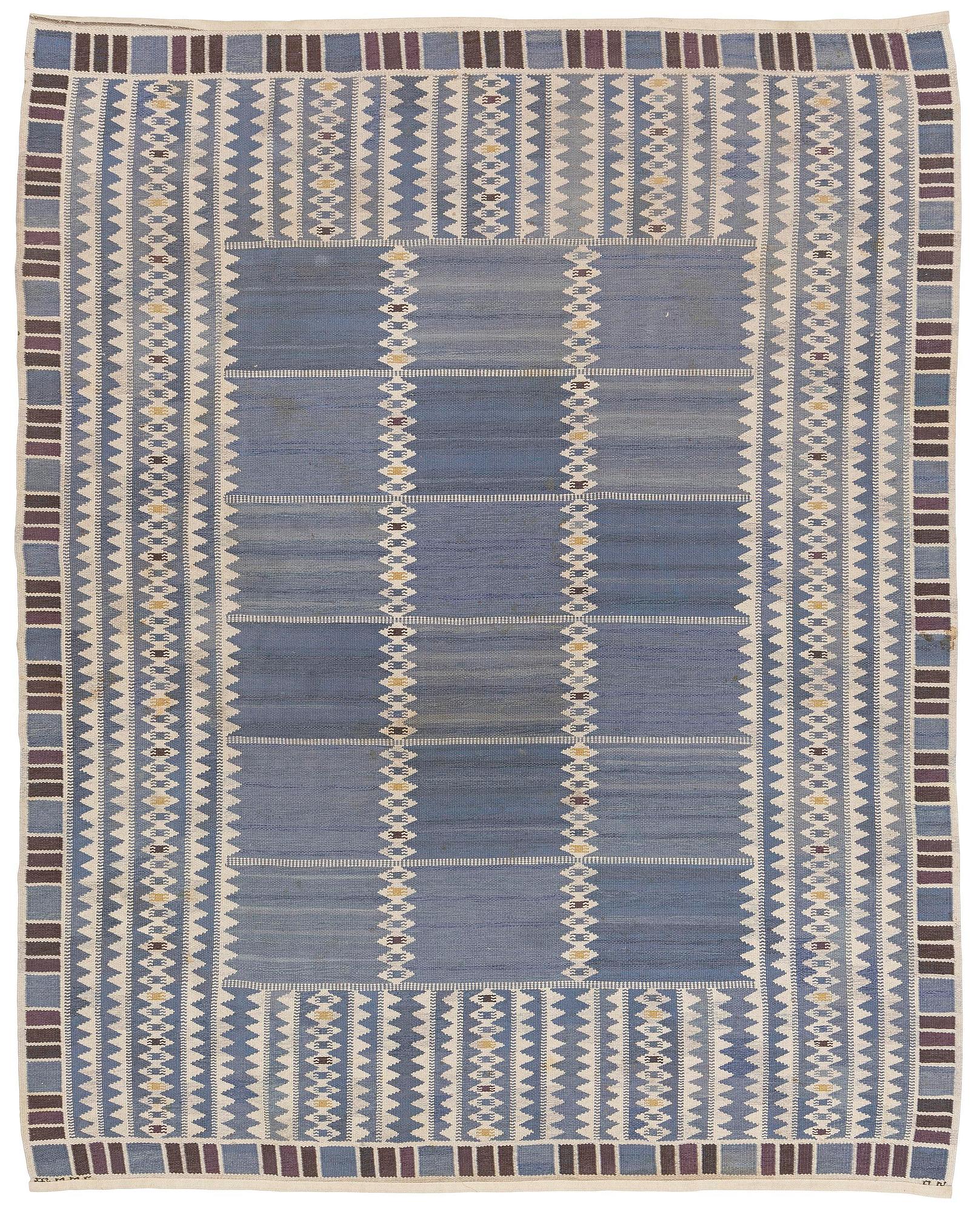 Barbro Nilsson, a carpet, "Salerno blå", flat weave, c. 314 x 255 cm, signed AB MMF BN.
