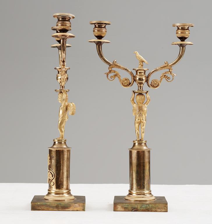 A pair of Swedish Empire gilt bronze two-light candelabra.