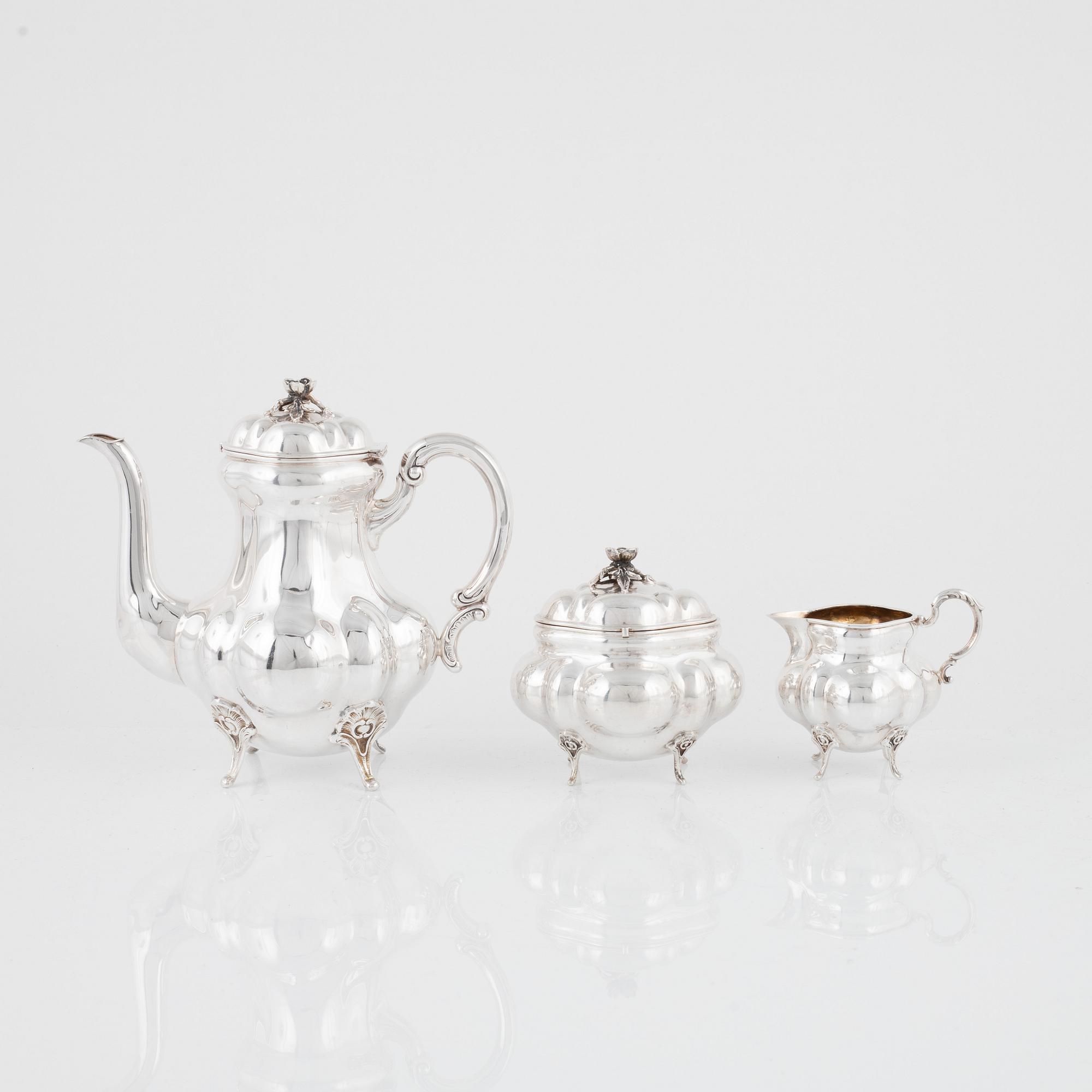 Kaffeservis, 3 delar, silver, rokokostil, svensk importstämpel.