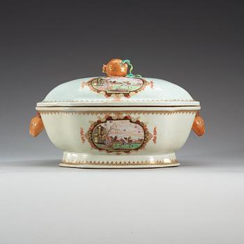 A famille rose 'European Subject' tureen with cover and stand, Qing dynasty, Qianlong (1736-95).