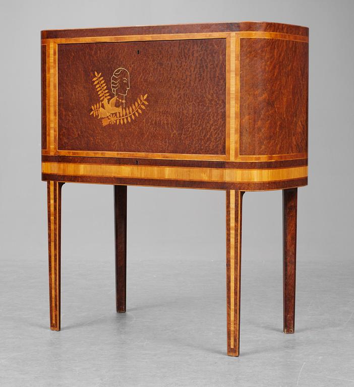 A David Rosén burr wood veneered secretary with inlays in different kind of woods, Georg Rymans Verkstäder circa 1933.