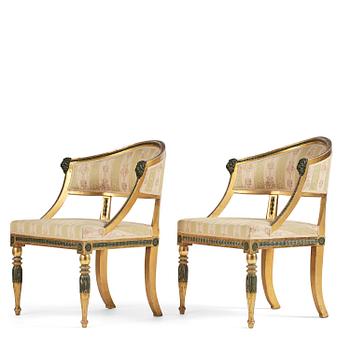 53. A pair of late Gustavian giltwood open-back armchairs, Stockholm, late 18th century.