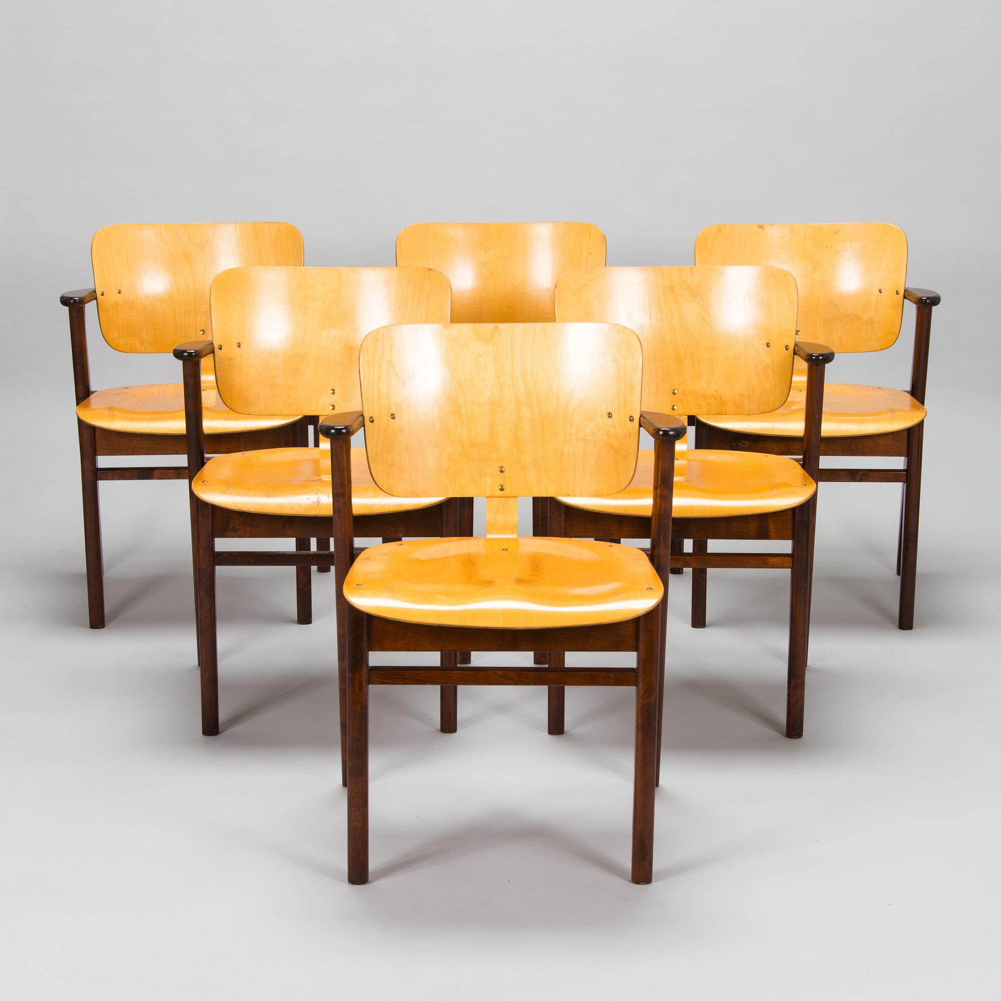 Ilmari Tapiovaara, six late 1940's 'Domus' chairs for Keravan Puutoellisuus, Finland.