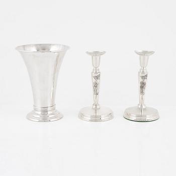 A vase and a pair of silver candlesticks by Meya Lerible for Mema, 1990's/2000's.