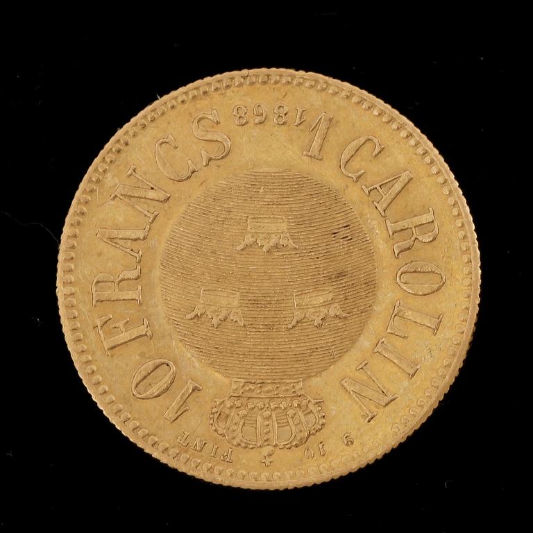 GULDMYNT, 1 Carolin/10 Francs, Karl XV, Sverige-Norge 1868. Vikt ca 3 gram.