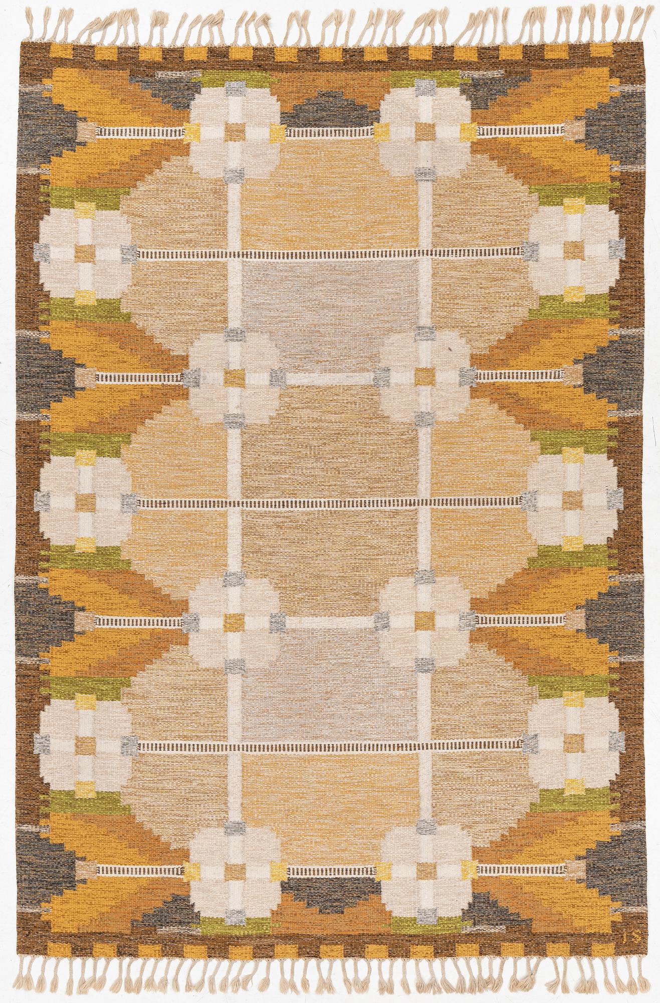 Ingegerd Silow, a flat weave carpet, 'Dellen', c. 286 x 196 cm, signed IS.