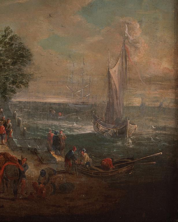 Holländsk skola 16/1700-tal, ruinlandskap med figurer vid kust, ett par.