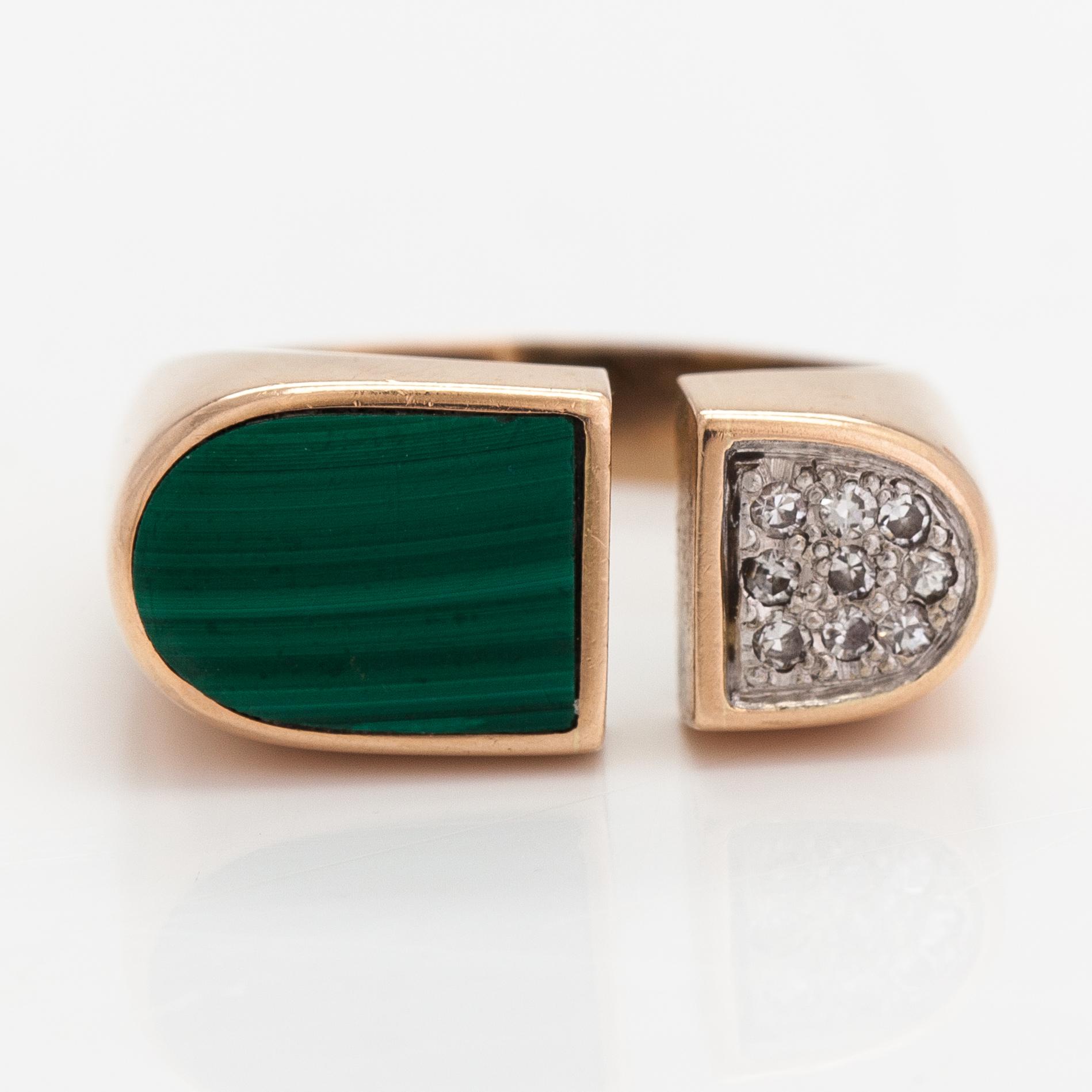 Sormus, 14K kultaa, malakiitti ja timantteja n. 0.04 ct yht.
