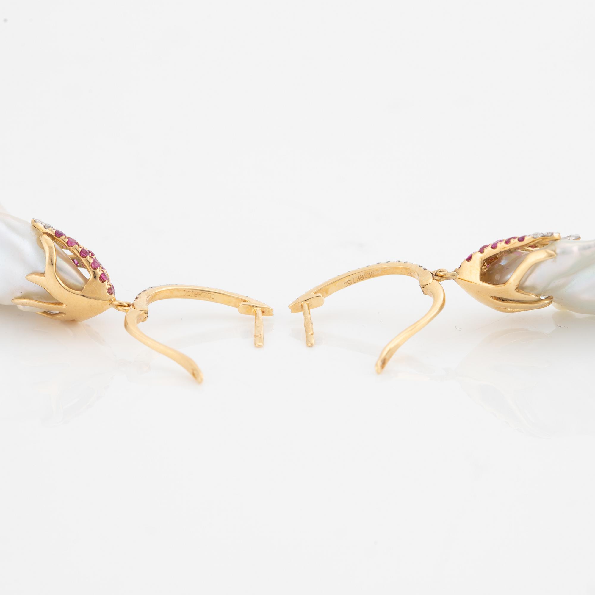 Earrings, 18K gold with cultured baroque pearls, brilliant-cut diamonds, and rubies.