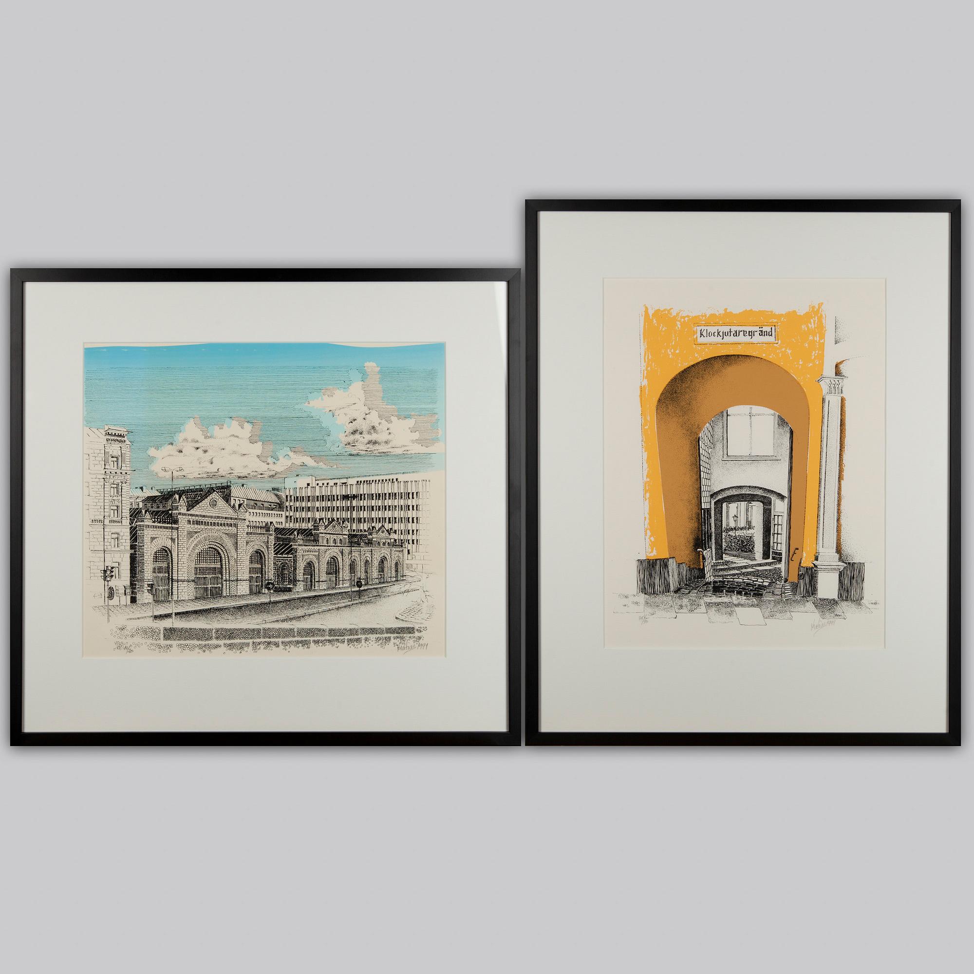 MATIAS (MATIAS VÄLINEN), värilitografiat, 2 kpl, signeeratut, päivätyt 1991 sekä numeroidut 85/90 ja 18/20.