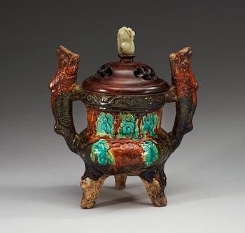 A brown, green and turkoise glazed tripod censer, Ming dynasty.