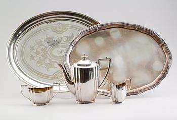KAFFESERVIS, 3 delar samt BRICKOR, 2 st, nysilver, en märkt Dufva, 1900-talets första hälft.