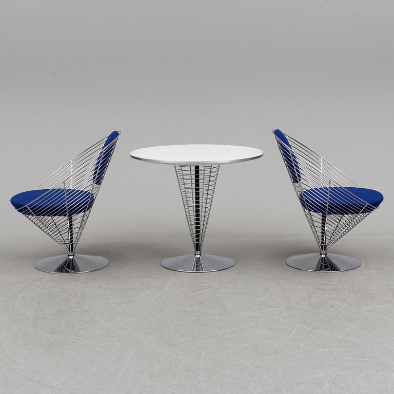 VERNER PANTON, PHILIPPE STARCK,  a set of two "Wire Cone" chairs and a table Fritz Hansen, late 20th century.