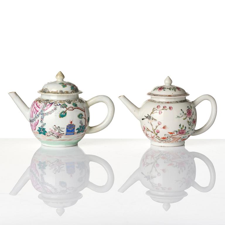 Two famille rose tea pots with covers, Qing dynasty, 18th century.