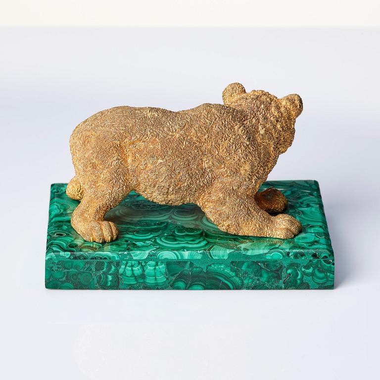A Russian Nicholas II malachite-veneered and ormolu paperweight, late 19th century.