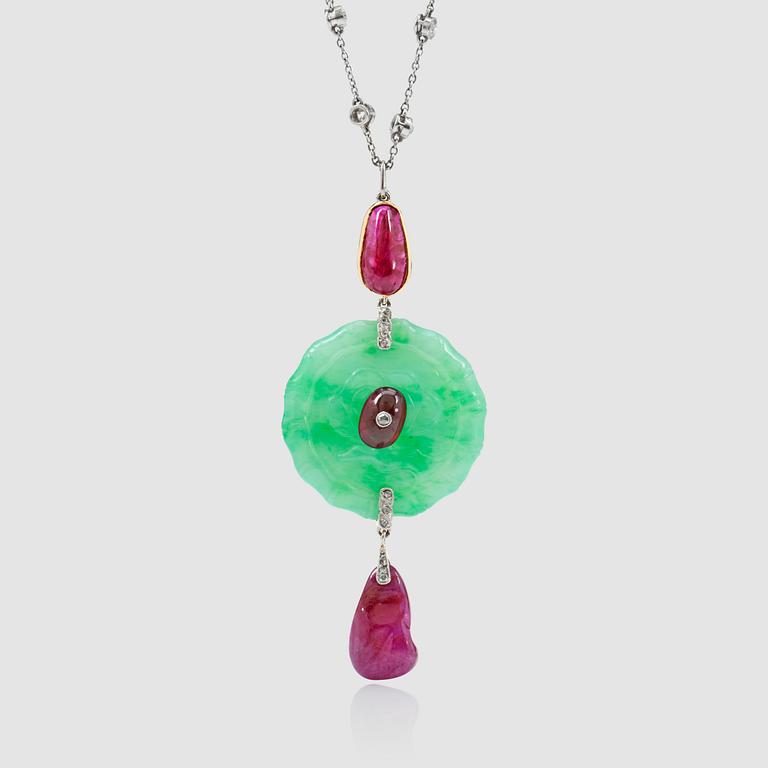 A untreated jadeite, untreated Burmese rubies and diamond necklace. Pendant signed Cartier New York.