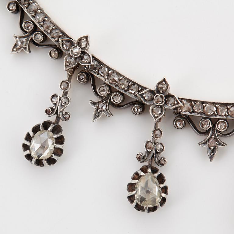 Collier 14K guld och silver med rosenslipade diamanter, 1800-tal.
