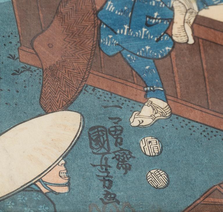 UTAGAWA KUNIYOSHI (1797/98-1861), triptyk, färgträsnitt. Japan, "Miyamoto Musashi".