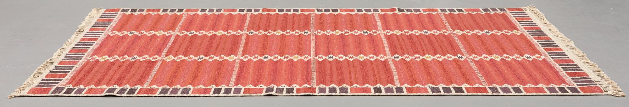 Barbro Nilsson, A CARPET, "Salerno kallröd med enkel bård", flat weave, ca 217 x 149,5 cm, signed AB MMF BN.