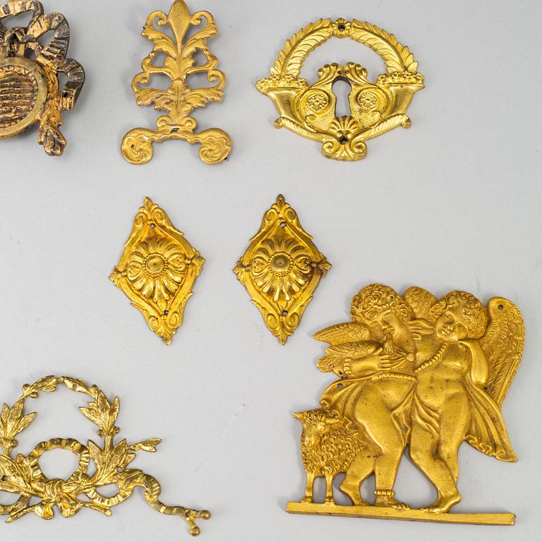Furniture mountings, 17 parts, brass, 19th-20th century.
