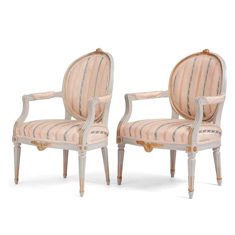 A pair of Gustavian carved armchairs, late 18th century.