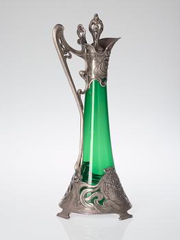 A WMF Art Noveau green glass and silver plated wine jug, Gemany.