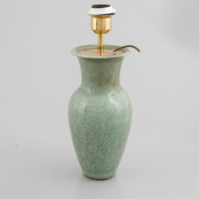 A Chinese celadon porcelain vase / table lamp, late Qing dynasty.