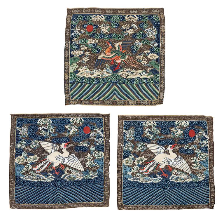 A group of three kesi rank badges with birds, Qing dynasty, 19th century.