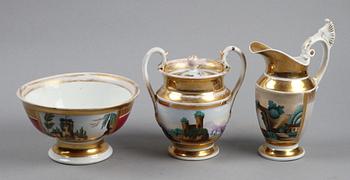 SOCKERSKÅL, GRÄDDKANNA samt SKÅL,  porslin, empire 1800-talets första hälft.