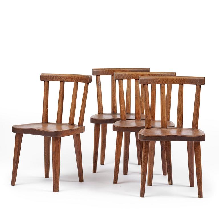 Axel Einar Hjorth, a set of four stained pine "Utö" chairs, Nordiska Kompaniet, Sweden, 1930s.