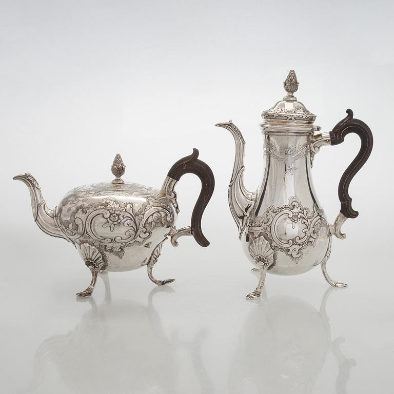Kaffe- och teservis, 4 delar, silver, rokoko, Portugal, 1780-tal, olika silversmeder.