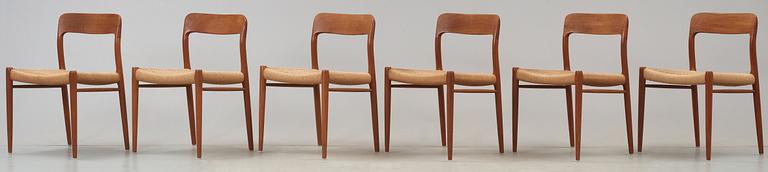 A set of six Niels Ole Møller teak chairs, JL Møller, Højberg, Denmark 1950's-60's.