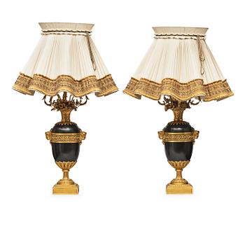 1450. A pair of gilt and patinated bronze table lamps signed and dated by Henry Dasson 1877.