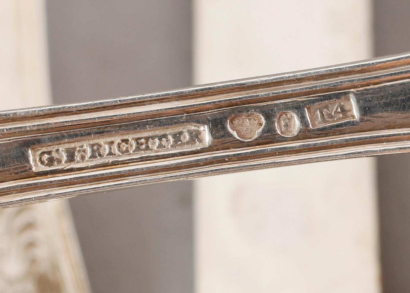 BESTICK, 21 delar, silver, modell Kings pattern, engelsk snäckmodell, GW Richter, bla 1849. Total vikt ca 1226 g.