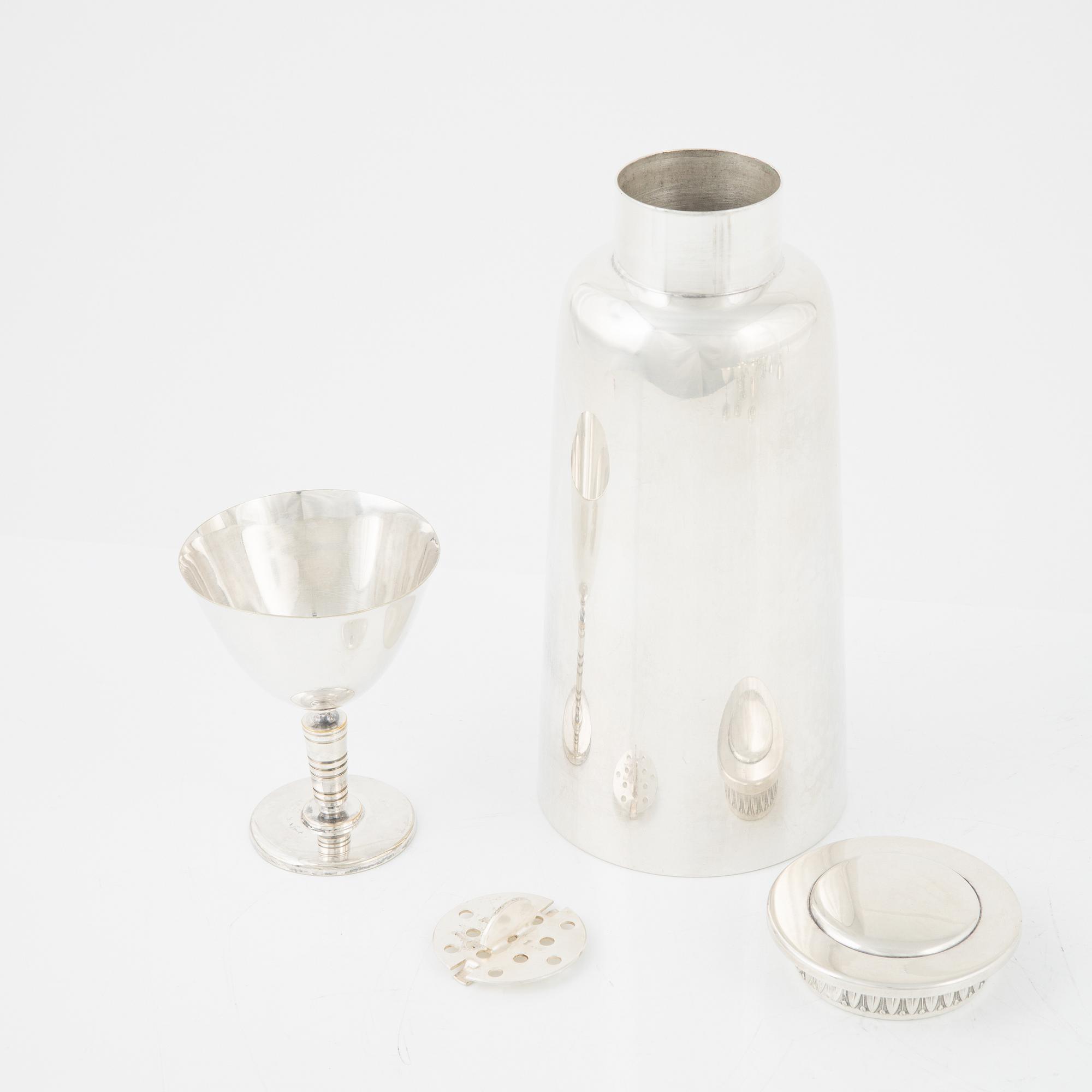 Shaker, tray and cocktail glass, silver plated.