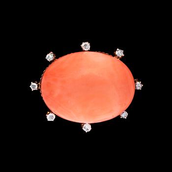 1049. A large cabochon cut coral and rose cut diamond brooch, c. 1900.