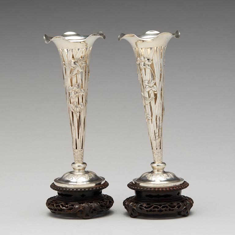 A pair of export silver vases by Luen Wo, Shanghai, early 20th Century.