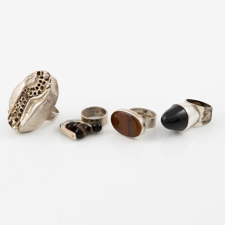 Lars Arby, four rings, sterling silver and agate, Gothenburg 1967, 1968 and 1976.