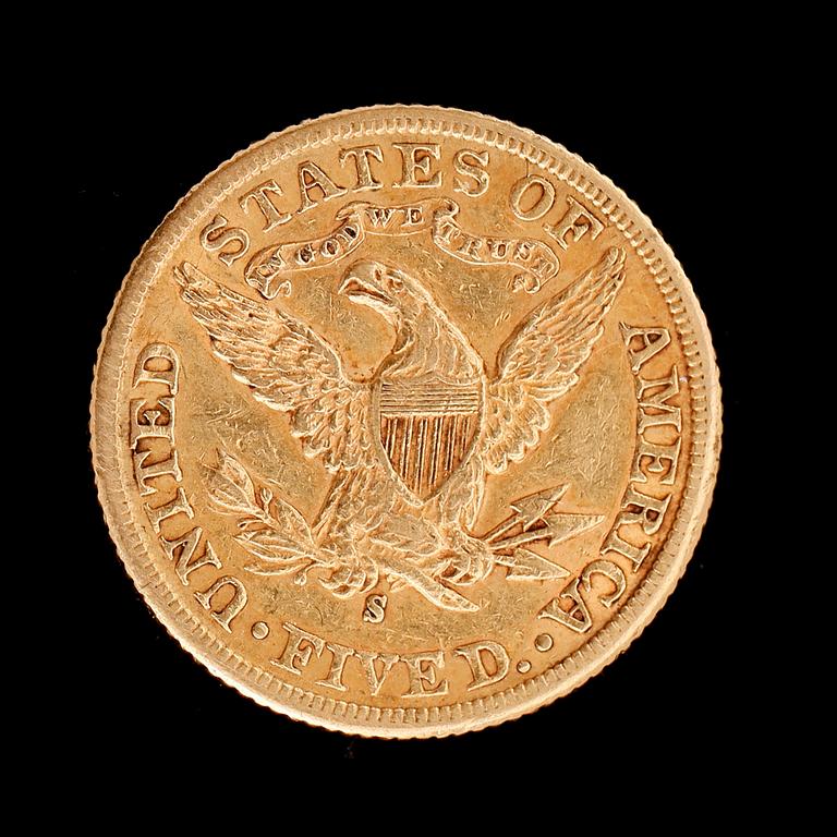 GULDMYNT, 5 dollar, USA, 1899. Vikt ca 8 gram.