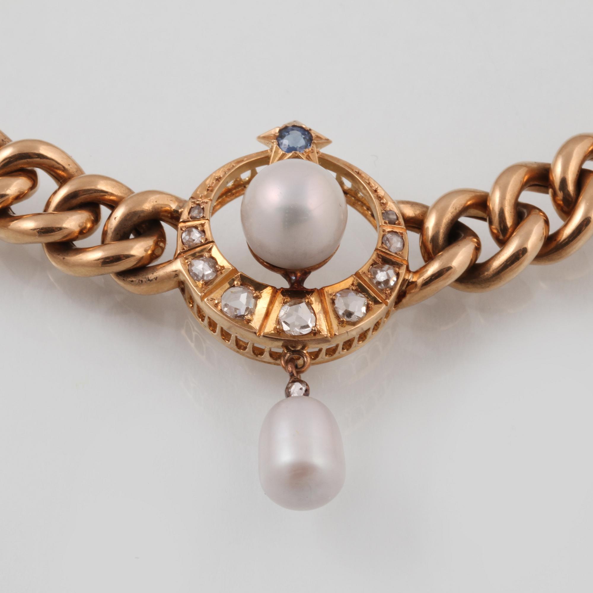 COLLIER, 18K guld med rosenslipade diamanter, blå safirer samt odlade pärlor, Gustav Dahlgren & Co, Malmö, 1996.