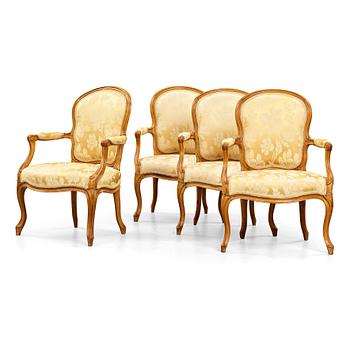 43. KARMSTOLAR, fyra stycken, av Georges Jacob (mästare i Paris 1765-1814), Louis XV, 1700-talets andra hälft.