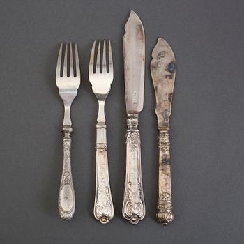 A 22-piece set of silver and silverplated fish cutlery from Sheffield, England, 1904.