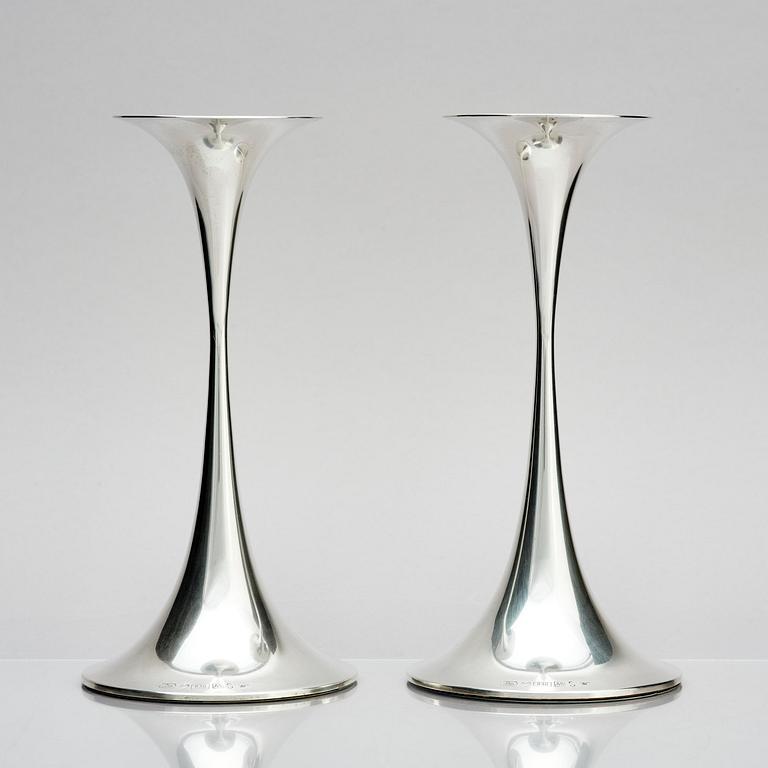 Tapio Wirkkala, a pair of 'Trumpetti' silver candlesticks, Tavastehus, Finland 2002.