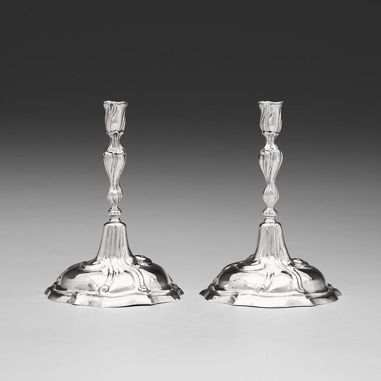 A pair of German 18th century silver candlesticks, marks of Sebald Heinrich Blau, Augsburg 1785-1787.