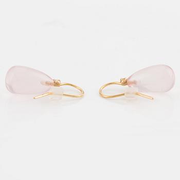 A pair of 18K gold earrings with rose quartz and round brilliant-cut diamonds.