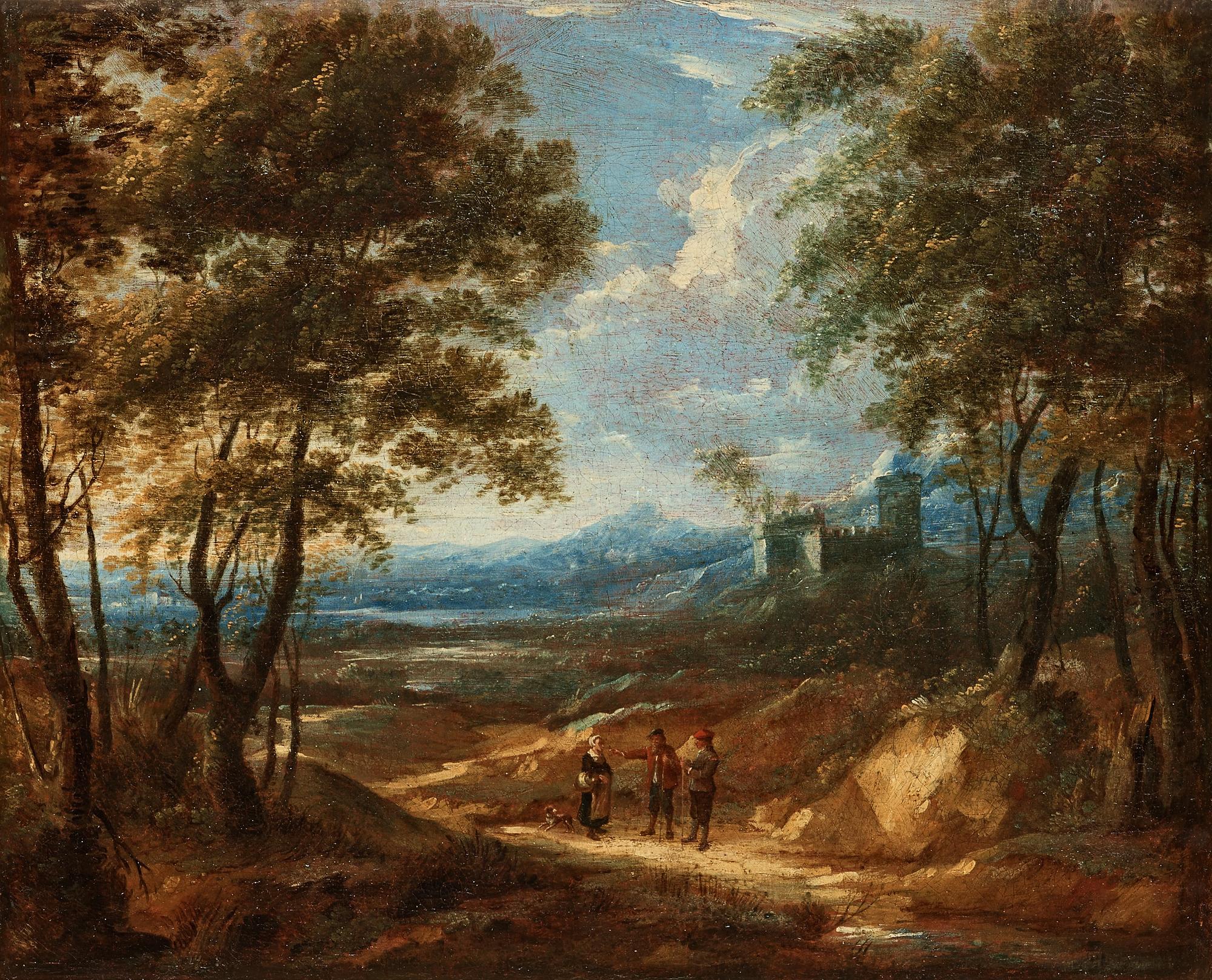 Jacques D'Arthois & David Teniers Tillskriven, Vandrande figurer nedanför borg.