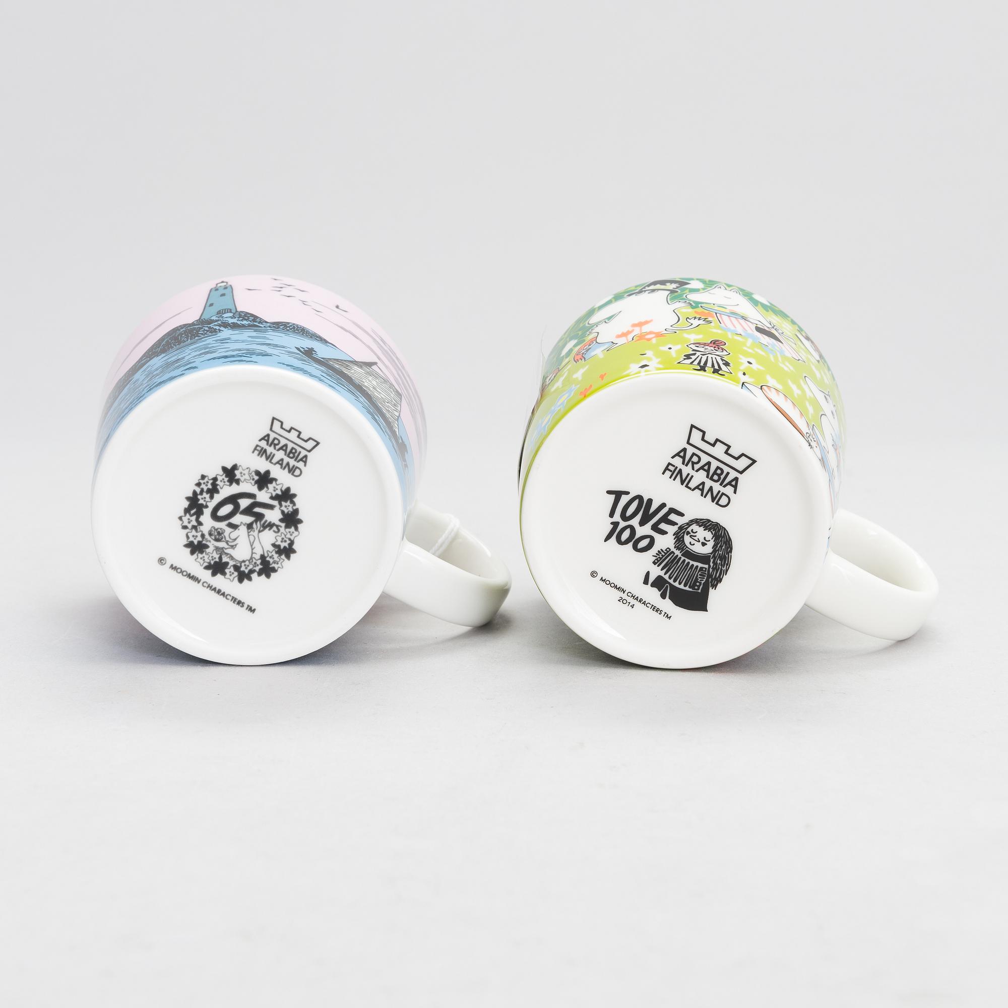 Eight Moomin Characters mugs in vitro porcelain, Arabia, Finland.